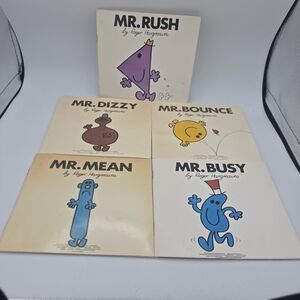 Lot Of 5 Mr. Men Vintage Book Lot - Rush, Dizzy, Bounce, Mean & Busy